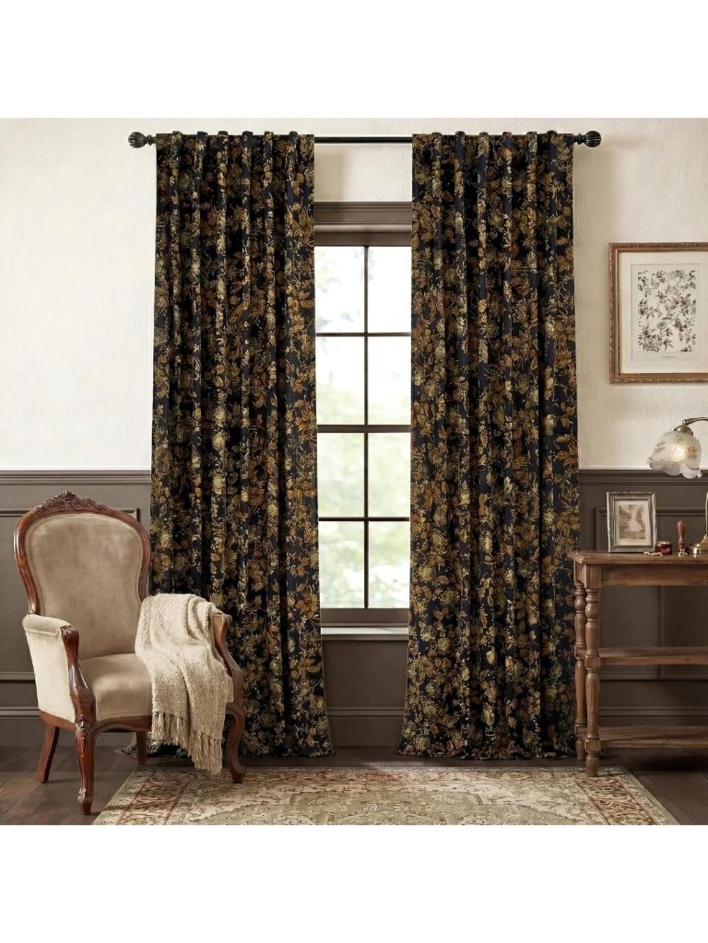 Elegant Gold Velvet Floral Curtains - Rose Pattern Drapes, 96 Inch, 2 Panels